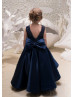 Hi Low Navy Blue Lace Satin Long Flower Girl Dress